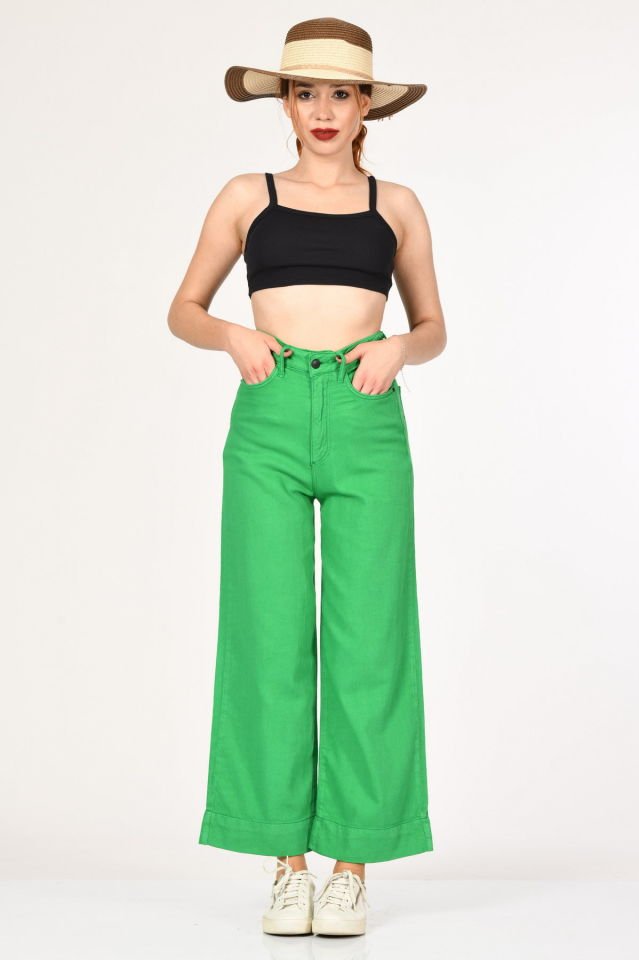 WhatsUp Geniş Paça Yüksek Bel Pantolon  - Yeşil