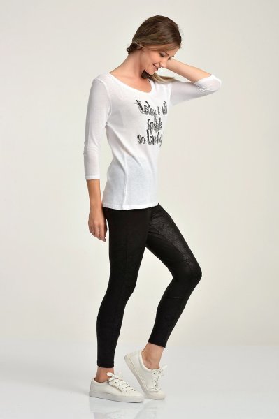 Cotton Candy Baskılı ve Pul Nakışlı Uzun Kol Kadın T-Shirt - Beyaz