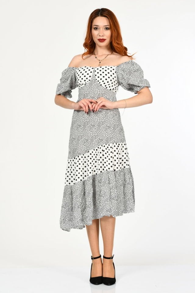 Fame Puantiyeli Balon Kol Elbise  - Beyaz