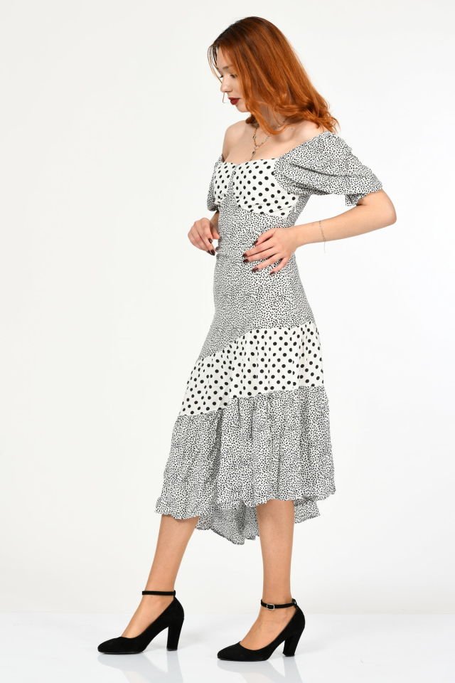 Fame Puantiyeli Balon Kol Elbise  - Beyaz