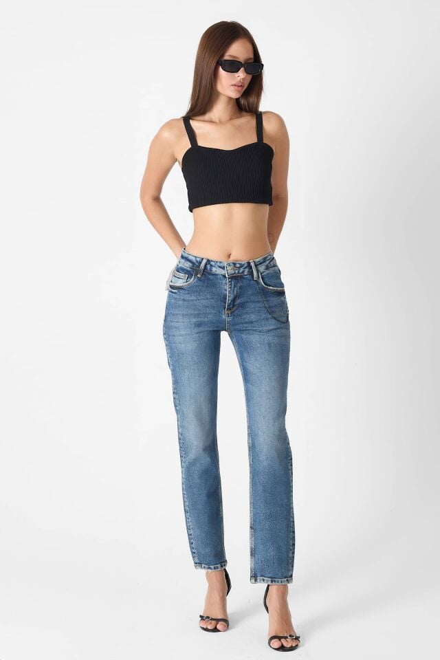 WhatsUp Kadın Orta Bel Boyfriend Jean Pantolon  - Mavi