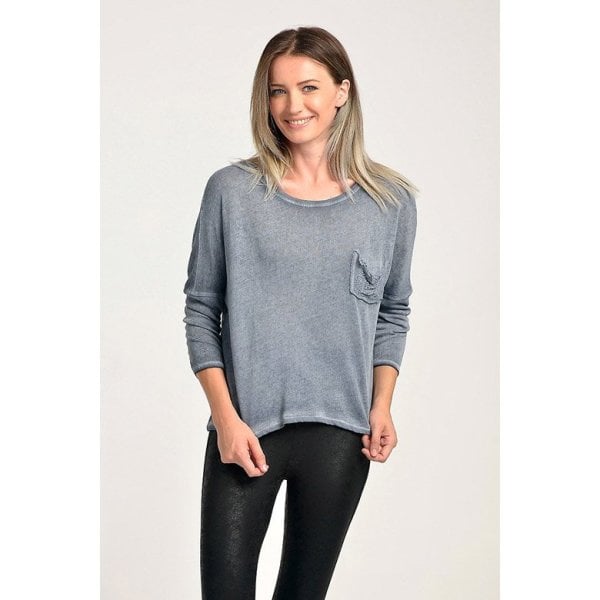 Cotton Candy Özel Sökük Cep, Sim Dikiş  Uzun Kol Kadın T-Shirt - Mıdnıght