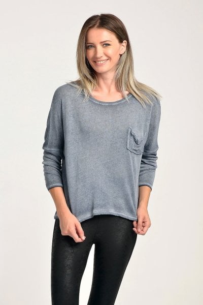 Cotton Candy Özel Sökük Cep, Sim Dikiş  Uzun Kol Kadın T-Shirt - Mıdnıght