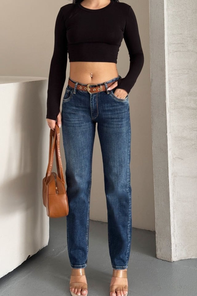 WhatsUp Kadın Orta Bel Boyfriend Jean Pantolon  - Mavi