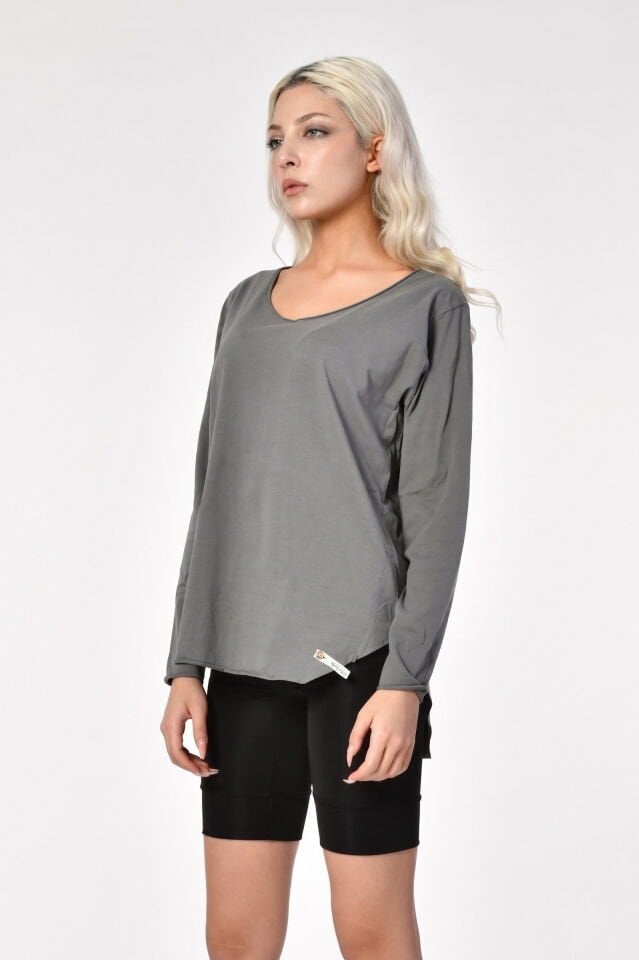 Cotton Candy V Yaka Uzun Kol Kadın T-Shirt - Smoked Grey