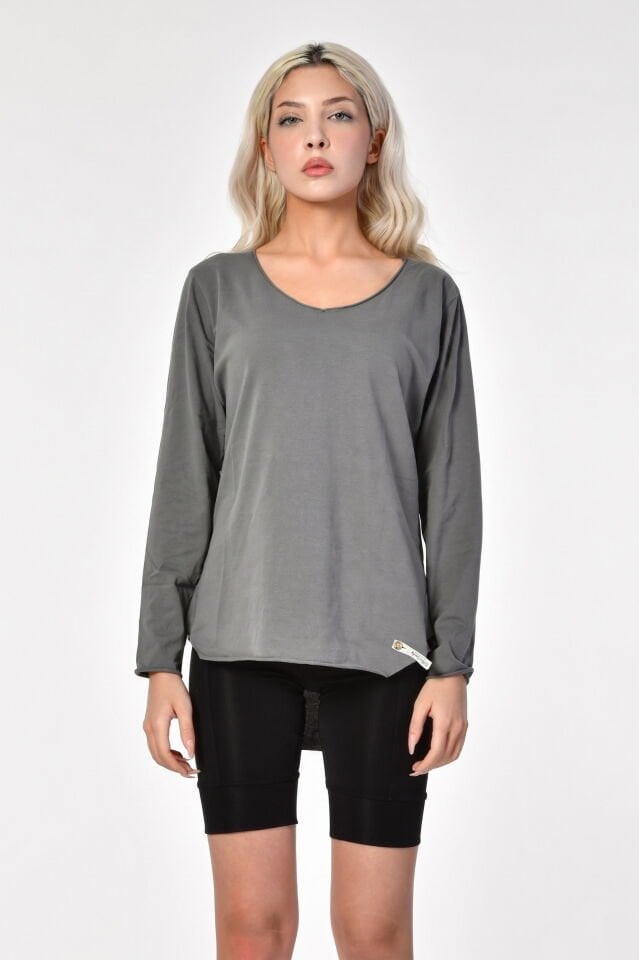Cotton Candy V Yaka Uzun Kol Kadın T-Shirt - Smoked Grey