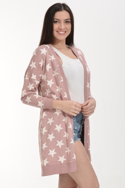 Cotton Candy Yıldız Baskılı Kadın Hırka - Pudra