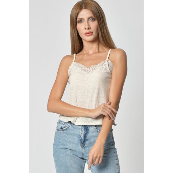 Cotton Candy Dantel Detaylı V Yaka Kısa Kadın Atlet - Krem