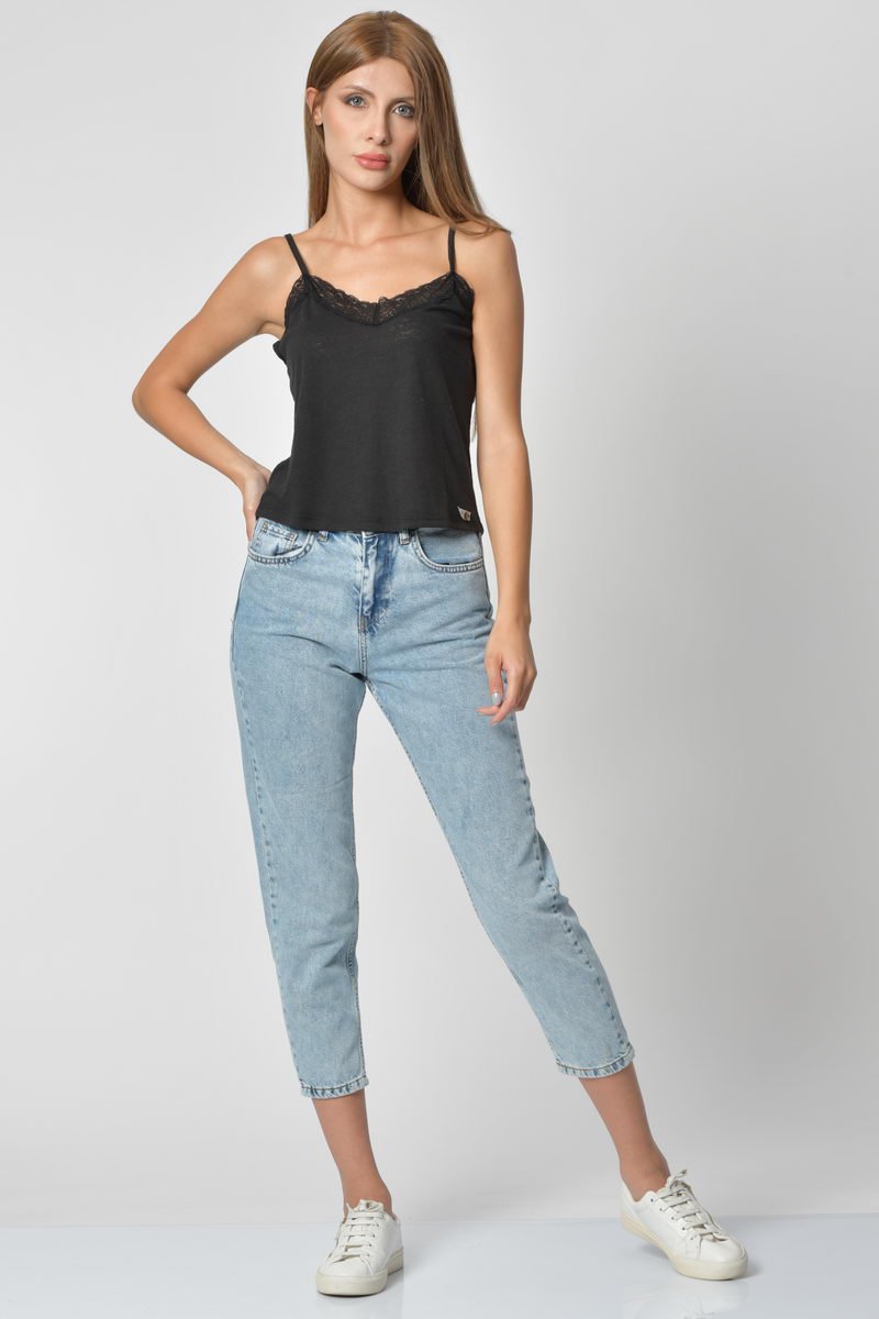 Cotton Candy Dantel Detaylı V Yaka Kısa Kadın Atlet - Siyah