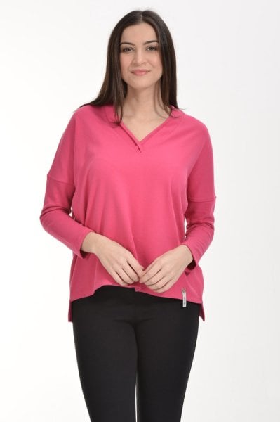 Cotton Candy Yaka Detaylı Geniş Kesim Kadın Sweatshirt - Fuşya