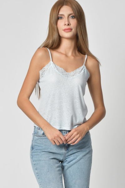 Cotton Candy Dantel Detaylı V Yaka Kısa Kadın Atlet - Buz Mavisi