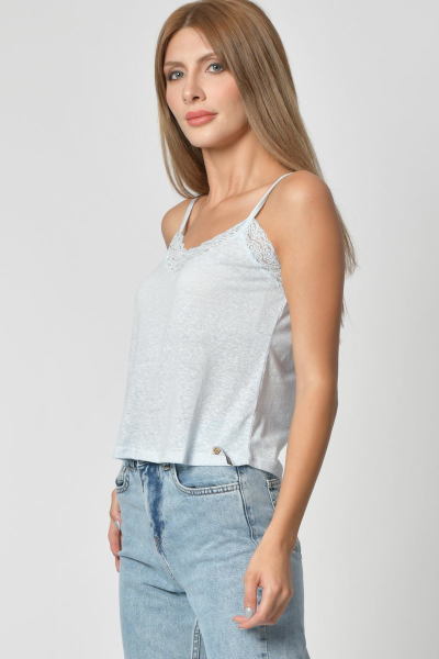 Cotton Candy Dantel Detaylı V Yaka Kısa Kadın Atlet - Buz Mavisi