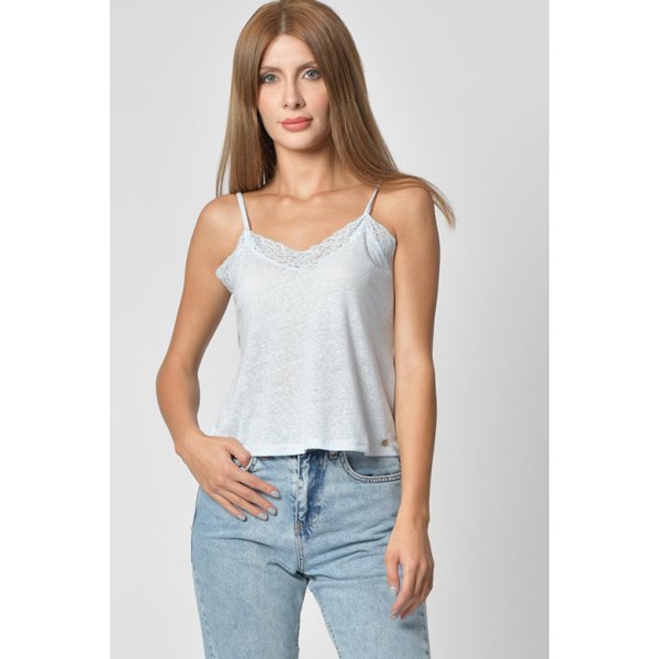 Cotton Candy Dantel Detaylı V Yaka Kısa Kadın Atlet - Buz Mavisi