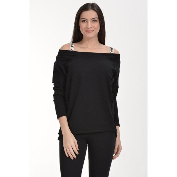 Cotton Candy Düşük Omuzlu Bant Askılı Kadın Sweatshirt - Siyah