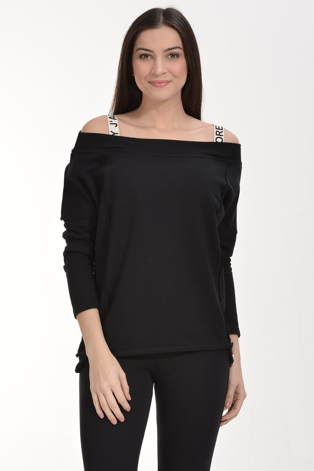 Cotton Candy Düşük Omuzlu Bant Askılı Kadın Sweatshirt - Siyah