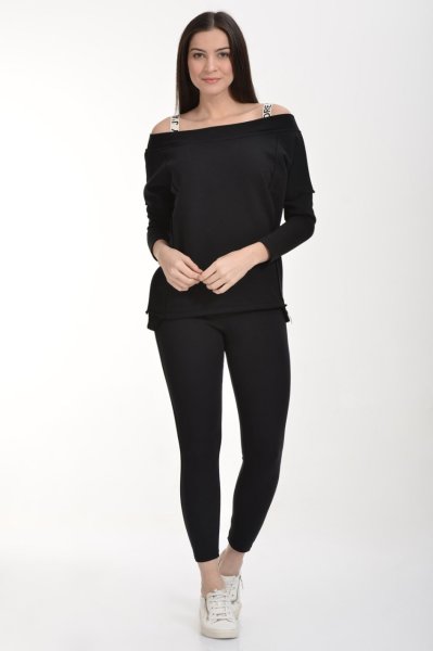 Cotton Candy Düşük Omuzlu Bant Askılı Kadın Sweatshirt - Siyah