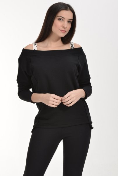 Cotton Candy Düşük Omuzlu Bant Askılı Kadın Sweatshirt - Siyah