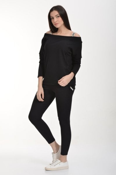 Cotton Candy Düşük Omuzlu Bant Askılı Kadın Sweatshirt - Siyah