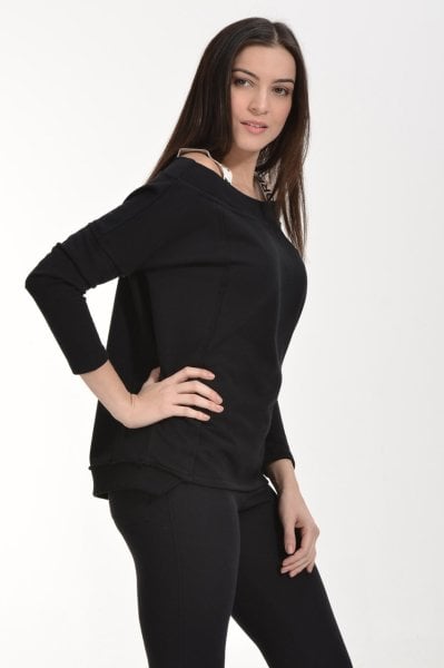 Cotton Candy Düşük Omuzlu Bant Askılı Kadın Sweatshirt - Siyah