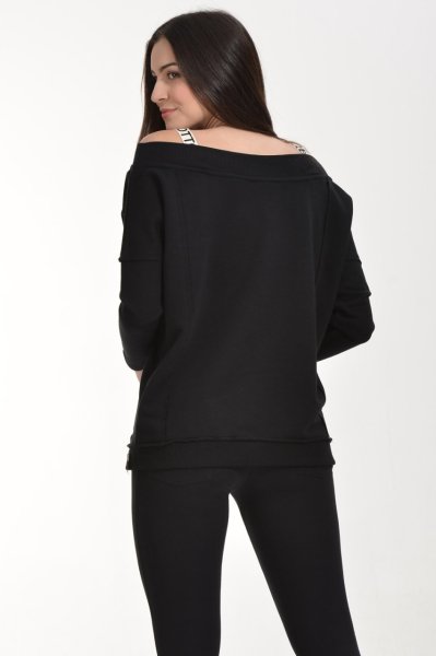 Cotton Candy Düşük Omuzlu Bant Askılı Kadın Sweatshirt - Siyah