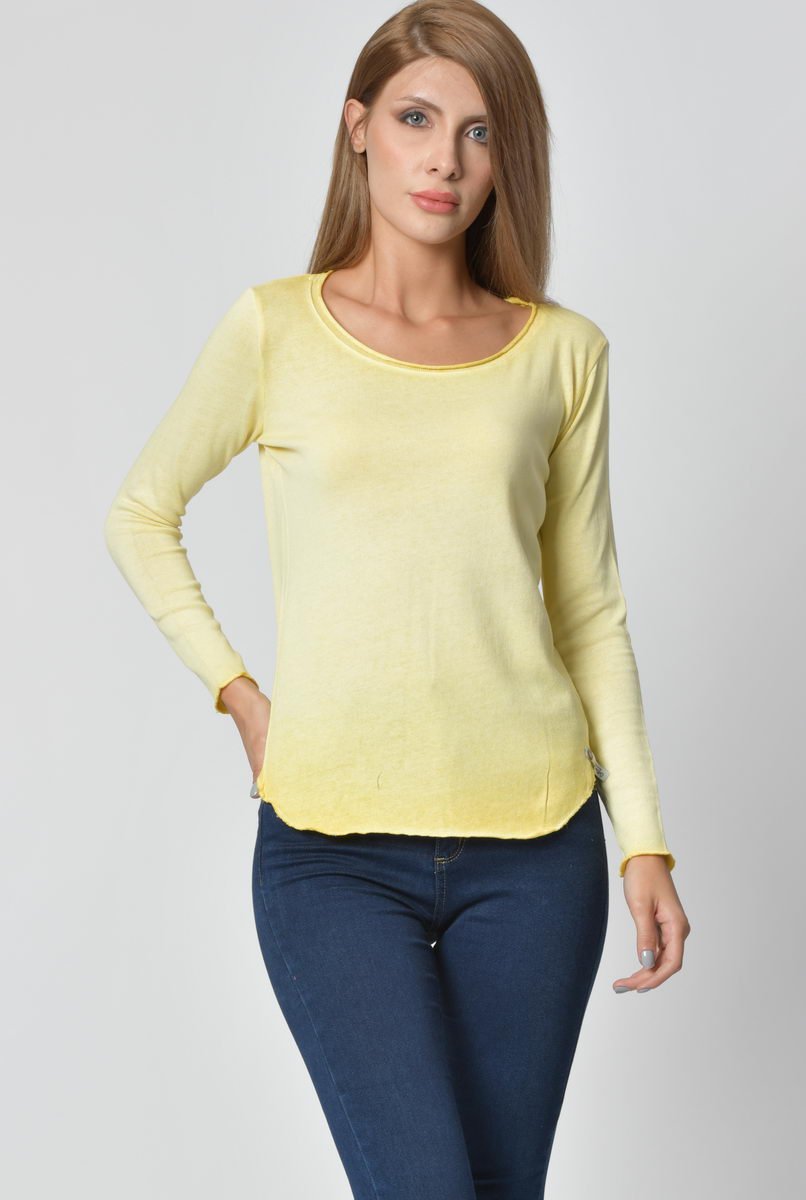 Cotton Candy Yuvarlak Yaka Uzun Kol Kadın T-Shirt - Sarı
