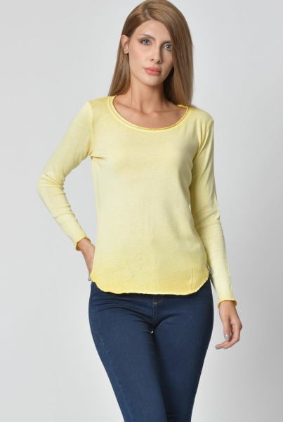 Cotton Candy Yuvarlak Yaka Uzun Kol Kadın T-Shirt - Sarı
