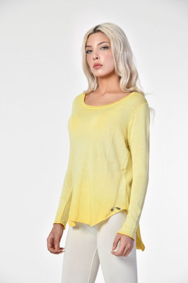 Cotton Candy Yuvarlak Yaka Uzun Kol Kadın T-Shirt - Sarı
