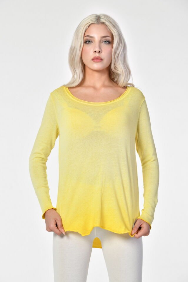 Cotton Candy Yuvarlak Yaka Uzun Kol Kadın T-Shirt - Sarı