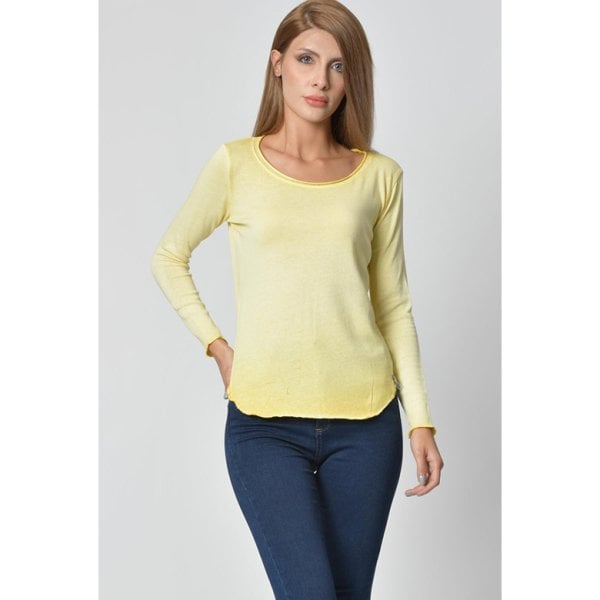 Cotton Candy Yuvarlak Yaka Uzun Kol Kadın T-Shirt - Sarı