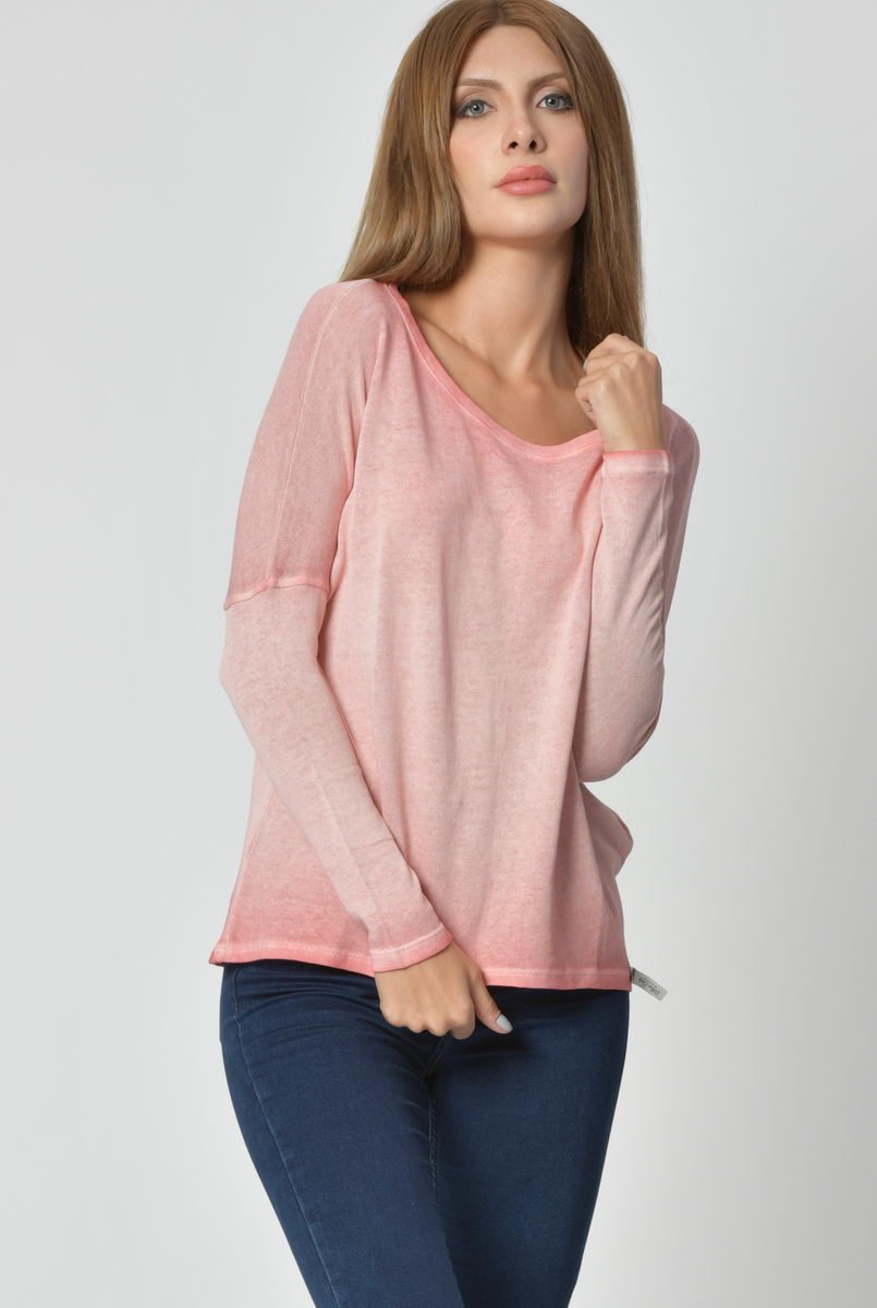 Cotton Candy Yuvarlak Yaka Uzun Kol Kadın T-Shirt - Nar Çiçeği