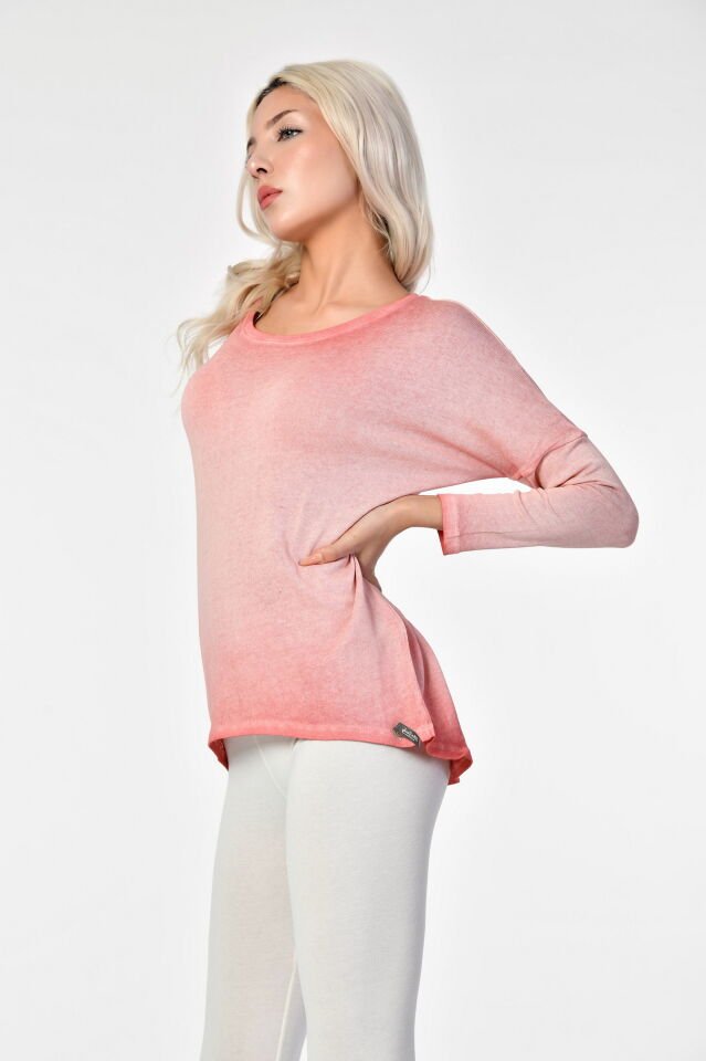 Cotton Candy Yuvarlak Yaka Uzun Kol Kadın T-Shirt - Nar Çiçeği