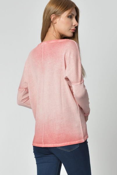 Cotton Candy Yuvarlak Yaka Uzun Kol Kadın T-Shirt - Nar Çiçeği