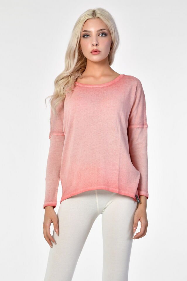 Cotton Candy Yuvarlak Yaka Uzun Kol Kadın T-Shirt - Nar Çiçeği