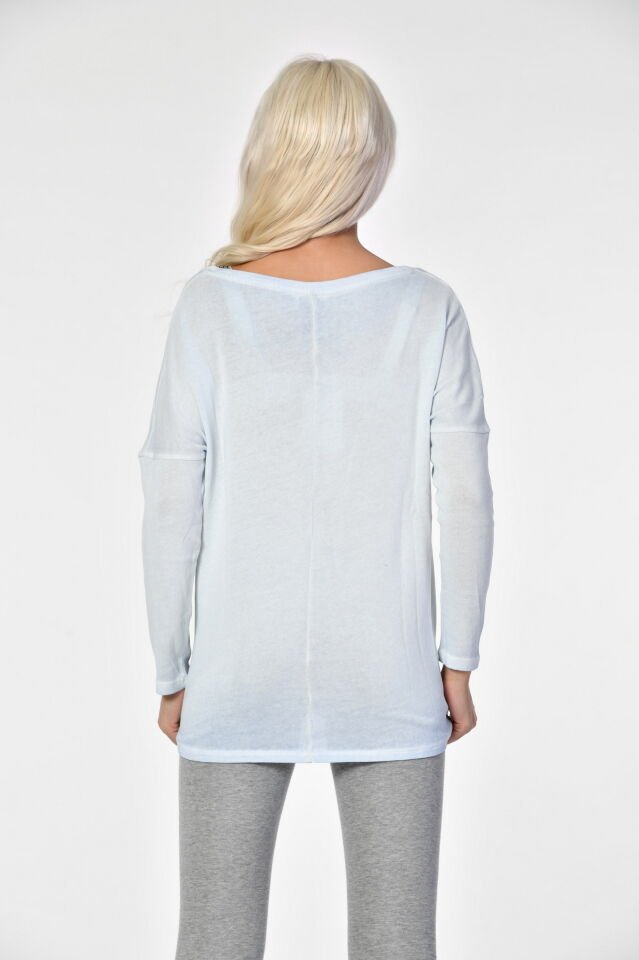 Cotton Candy Yuvarlak Yaka Uzun Kol Kadın T-Shirt - Buz Mavisi