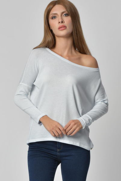 Cotton Candy Yuvarlak Yaka Uzun Kol Kadın T-Shirt - Buz Mavisi