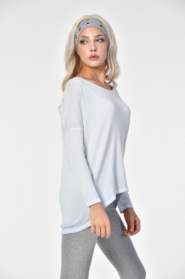 Cotton Candy Yuvarlak Yaka Uzun Kol Kadın T-Shirt - Buz Mavisi