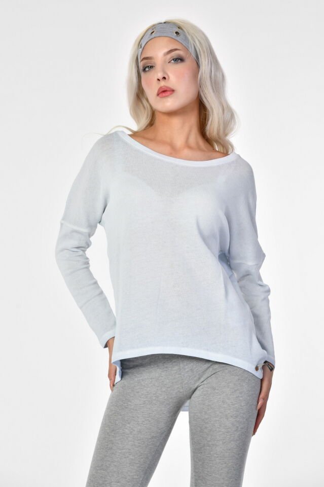 Cotton Candy Yuvarlak Yaka Uzun Kol Kadın T-Shirt - Buz Mavisi