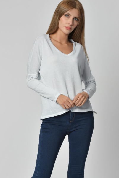 Cotton Candy V yaka Uzun Kol Kadın T-Shirt - Buz Mavisi