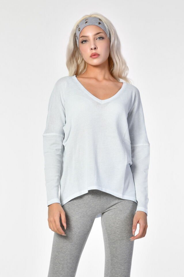 Cotton Candy V yaka Uzun Kol Kadın T-Shirt - Buz Mavisi