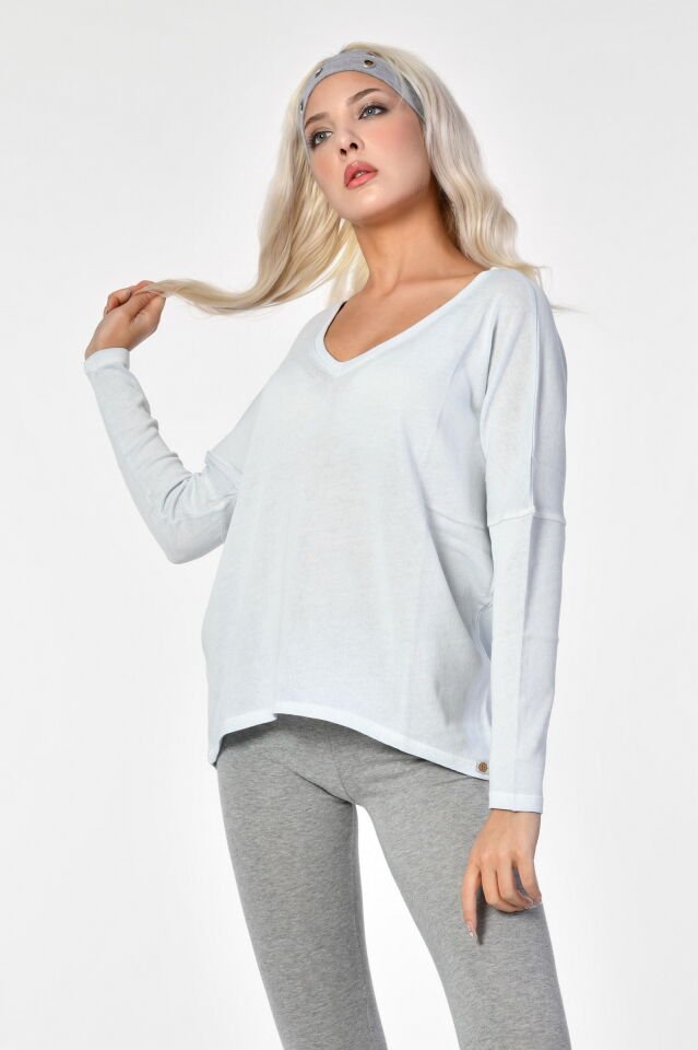 Cotton Candy V yaka Uzun Kol Kadın T-Shirt - Buz Mavisi