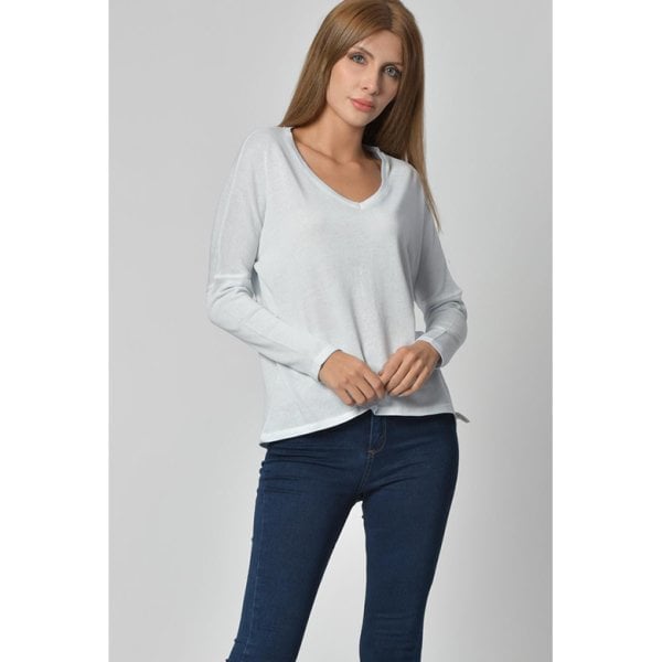 Cotton Candy V yaka Uzun Kol Kadın T-Shirt - Buz Mavisi