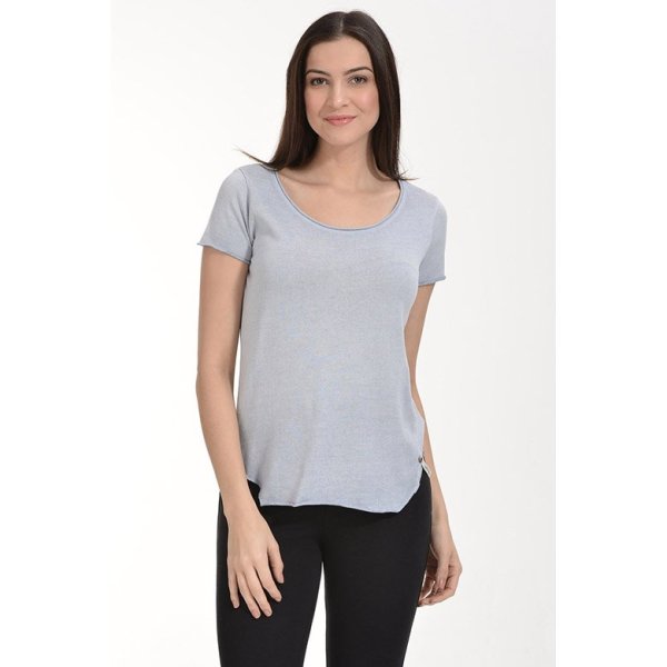 Cotton Candy Yağlı Yıkama Kısa Kol Kadın T-Shirt - Buz Grisi