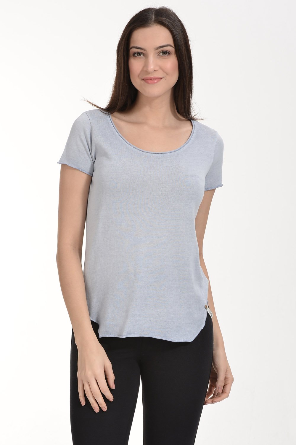 Cotton Candy Yağlı Yıkama Kısa Kol Kadın T-Shirt - Buz Grisi