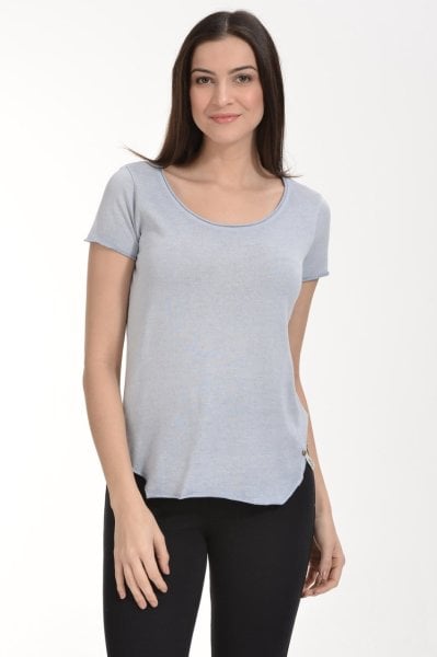 Cotton Candy Yağlı Yıkama Kısa Kol Kadın T-Shirt - Buz Grisi