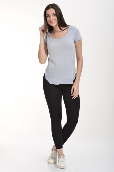 Cotton Candy Yağlı Yıkama Kısa Kol Kadın T-Shirt - Buz Grisi