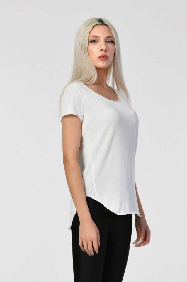 Cotton Candy Yağlı Yıkama Kısa Kol Kadın T-Shirt - Ekru