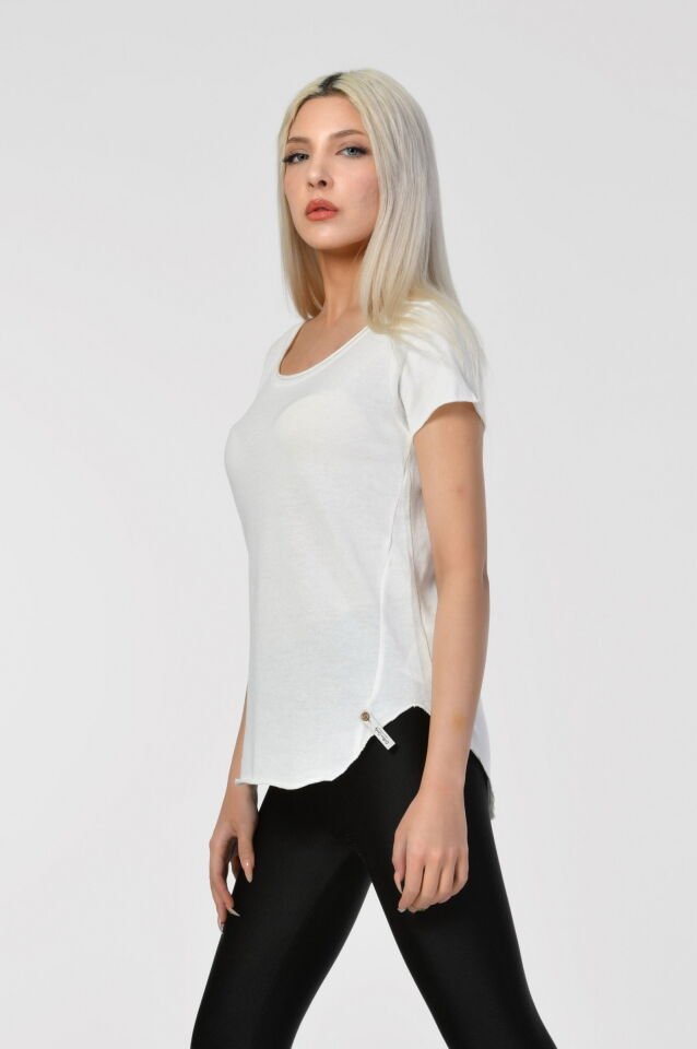 Cotton Candy Yağlı Yıkama Kısa Kol Kadın T-Shirt - Ekru
