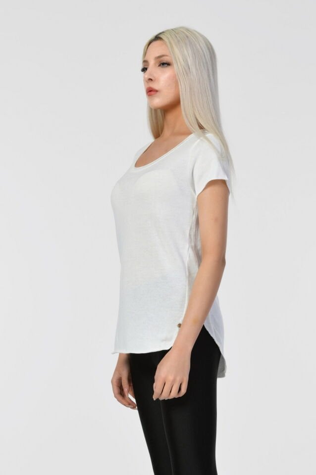 Cotton Candy Yağlı Yıkama Kısa Kol Kadın T-Shirt - Ekru