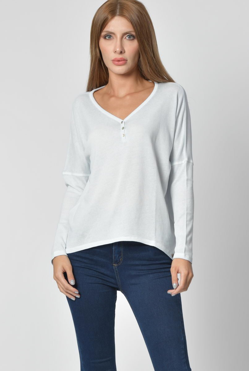Cotton Candy Düğme Detaylı V Yaka Uzun Kol Kadın T-Shirt - Buz Mavisi