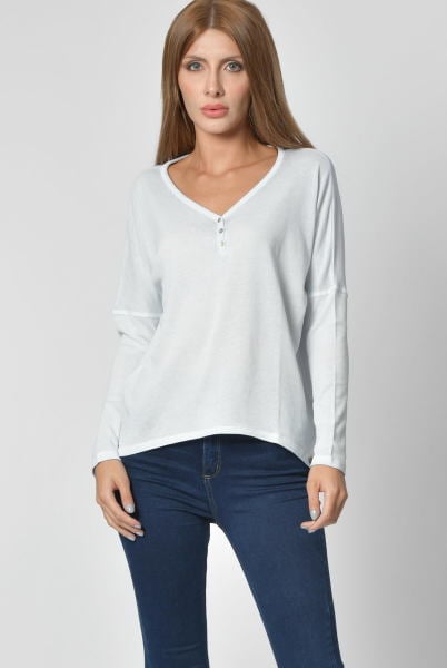 Cotton Candy Düğme Detaylı V Yaka Uzun Kol Kadın T-Shirt - Buz Mavisi